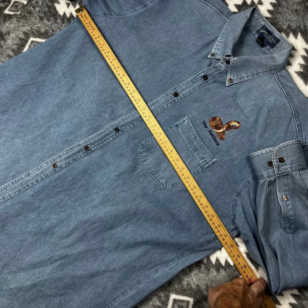 VTG Rattler Snake Embroidered Denim Shirt XL Blue Pine Island Rockabilly Work